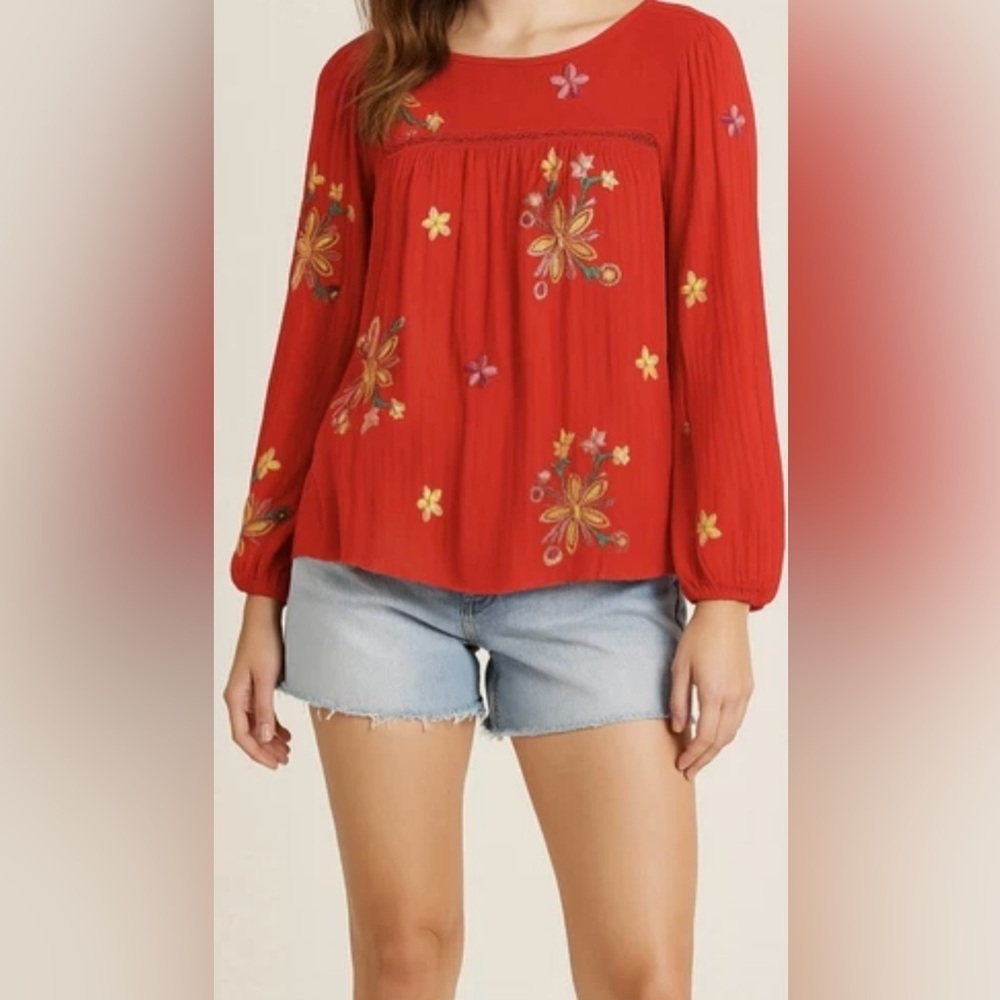 Fig & Flower Boho Embroidered Peasant Top Festival Cottagecore Red Floral Medium